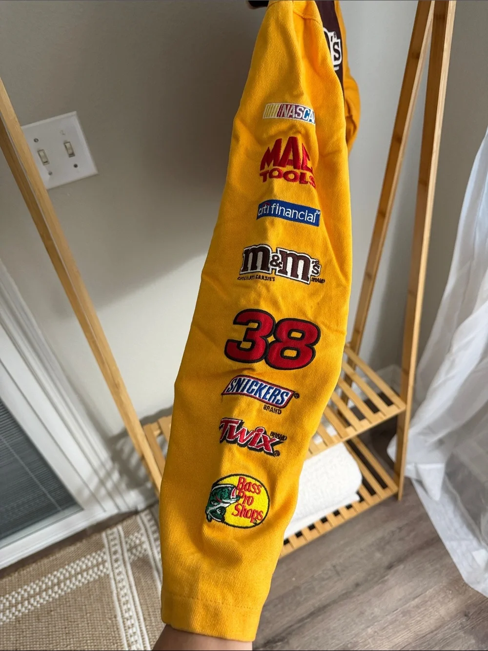 M&M'S Colorblock Racing Jean Jacket in Brown & Yellow with Candy Patch